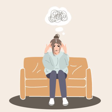 Depresyondaki kadın, kafasında şaşkın düşüncelerle bir koltukta oturuyor. Akıl sağlığı gebeliği. Vektör illüstrasyonu