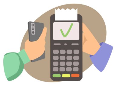 Temassız ödeme, ödeme için POS satış terminaline yakın bir yerde el ele tutuşan telefon. Düz çizim. Vektör illüstrasyonu