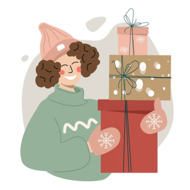 Yang 'lı bir kadın Noel hediyelerini elinde tutuyor. Şenlikli kış konsepti. Noel hediyesi vermek ya da almak için bir şablon. Vektör düz tasarımı