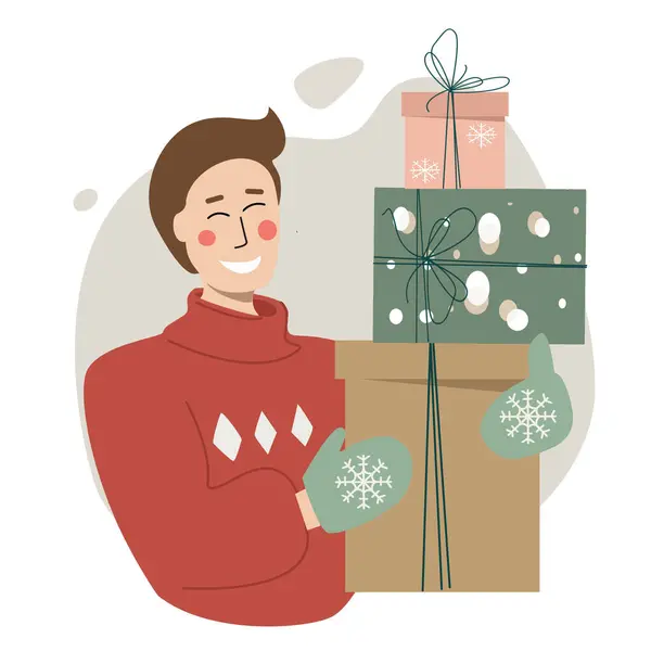 Noel hediyelerini elinde tutan bir adam. Şenlikli kış konsepti. Noel hediyesi vermek ya da almak için bir şablon. Vektör düz tasarımı