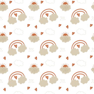 Şirin çizgi film Bohem çocuk odası modeli. Çocukların yatak odası için boho tarzı duvar süslemesi için vektör izi. Çizgi film gökkuşağıyla kusursuz desen, pastel renkte güneş. Vektör illüstrasyonu