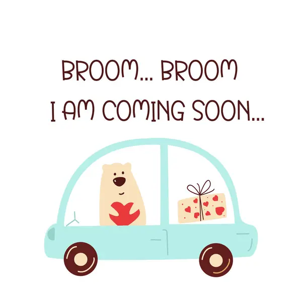 Güzel el, Sevgililer Günü kartı çizmiş. Komik Ayı mavi bir arabayla geliyor ve süpürgeden alıntı yapıyor. Yakında geliyorum. Minimalist tasarım. Vektör illüstrasyonu