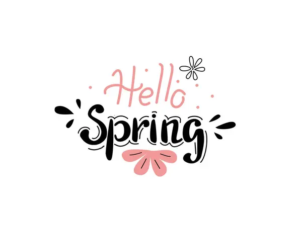 Parmak izi, kart, pankart için el yazması merhaba yazısı. Soyut çiçeklerle tipografi merhaba bahar. Vektör illüstrasyonu