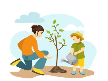  Anne ve küçük oğlu toprağa tohum ekiyor. Çevreyle ilgileniyorlar. Mutlu anne ve küçük kız çocuğu birlikte bahçe işleri yaparak ağaç yetiştiriyorlar. Vektör çizimi. Vektör illüstrasyonu