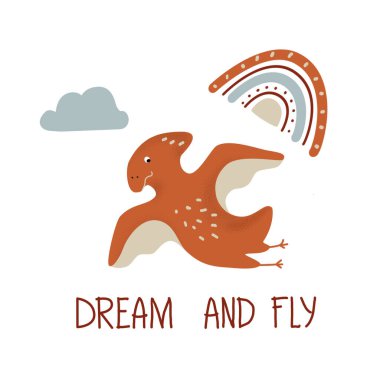 Vektör çocuklar illüstrasyon. Şirin dinazor ve DRIM ve Fly yazıları. Çocuk ürünleri için baskı. Vektör illüstrasyonu