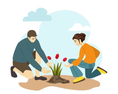  Erkek ve kadın bahçeye lale ekerler. Mutlu genç çift birlikte bahçe işleriyle uğraşarak çiçek yetiştiriyor. İlkbahar kavramının vektör illüstrasyonu