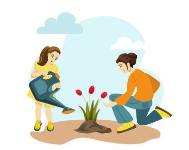  Annem ve kızlarım bahçede lale yetiştiriyorlar. Mutlu genç kadınlar birlikte bahçe işleriyle uğraşarak çiçek yetiştirirler. İlkbahar kavramının vektör illüstrasyonu