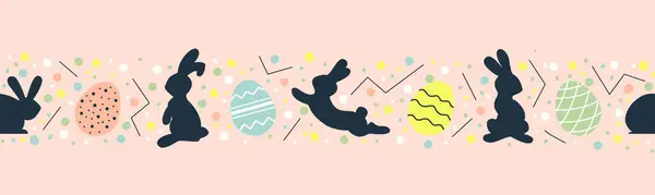  Paskalya yatay, pürüzsüz desenli tavşancık siluetleri, boyalı yumurtalar, renkli noktalar ve pembe arka planda karalama stili çubuklar, tekstil, afişler, ambalajlar için harika. Vektör illüstrasyonu