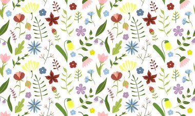 Vektör soyut bahar çiçekleri, yapraklar ve dallar pürüzsüz desen, tekstil, ambalaj, duvar kağıdı tasarımı için renkli çiçek unsurları. Vektör illüstrasyonu