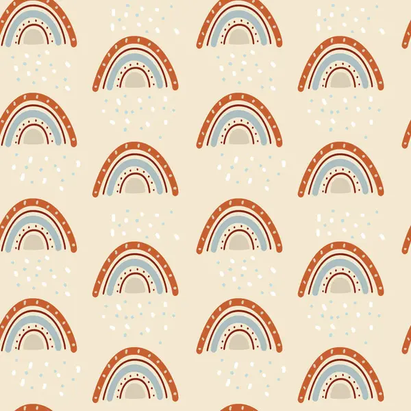 Çocuklar pembe arka planda modern pastel renklerle gökkuşağı desenleri çizerler. Bebek boho arkaplan vektörü dikiş deseni. 