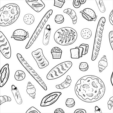 Pastane beyaz arka planda izole edilmiş kusursuz desen. Çizgi sanatı öğeleri. Vektör çizimi. Sırt kuruluğu, tekstil, duvar kağıdı, ambalaj, menü, kafe, restoran tasarımı. 