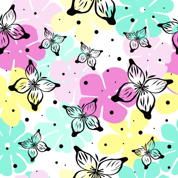 Renkli kelebek deseni soyut pastel çiçekleri ve beyaz arka planda siyah çizgili kelebeklerle. Vektör illüstrasyonu