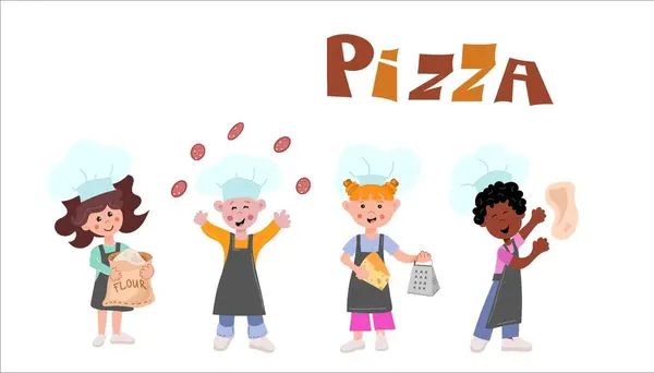 Pizza pişiren ve el yazısı pizza yazan aşçı şapkalı şirin çocukların derlemesi. Çocuk karakterlerle yemek pişirme kavramı. Çocuklar pizza yapıyor. Çizgi film vektör illüstrasyonu