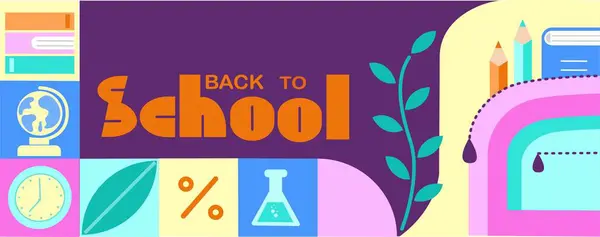 Soyut geometrik okul yatay afişi. Okulun reklam posterine ve okul malzemelerine geri döndüm. Vektör illüstrasyonu