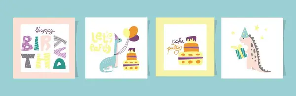 Doğum günü tebrik kartları seti içinde sevimli bir karikatür dino, pasta renkli ve stilize doğum günü mektupları. Vektör illüstrasyonu
