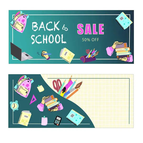Okula geri dön. Okul malzemeleriyle birlikte at yarışı reklam pankartları. Eğitim afişi için Vecor illüstrasyon, kırtasiye reklamı, indirim, özel teklif