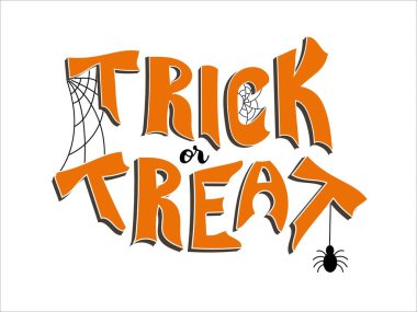 Şeker mi şaka mı vektör harfleri. Örümcek ve ağ ile Cadılar Bayramı şablonu. Vektör illüstrasyonu