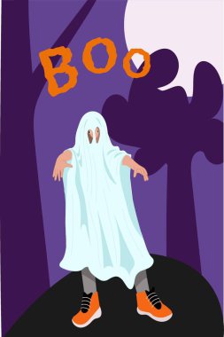 Cadılar Bayramı parti tasarımı. Hayalet kostümlü çocuk Cadılar Bayramı 'nda korkutmak için böö yapıyor. Şenlik posteri, afiş, broşür