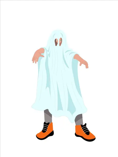 Cadılar Bayramı Hayalet Kostümü Giyen Çocuk. Beyaz arka planda izole edilmiş neşeli cadılar bayramı çocuğu karakteri.. 