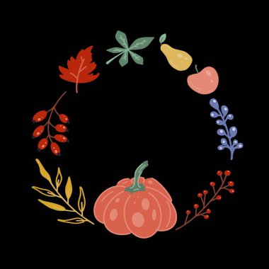 Sonbahar Eleentss çelenk tasarımı, rowan ve gül üzümü, balkabağı, elma ve armut, kestane ve akçaağaç yaprağı içerir. Davet için vektör şablonu, tebrik kartı, sezon ortası satış afişi.