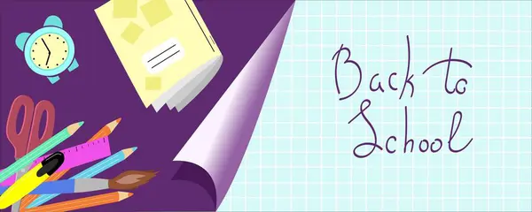 Harflerle birlikte okula geri dönen atlı afiş. Okul malzemeleri el yazısı karalamaları. İşaretli şebeke sayfası arka planı. Okul işleri düz stil. Eğitim teması tanıtım broşürü şürü. 