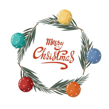 Noel çelengi parlak topları beyaz arka planda Mutlu Noeller yazısıyla süsledi. Geleneksel Noel vektör çizimi. Vektör illüstrasyonu