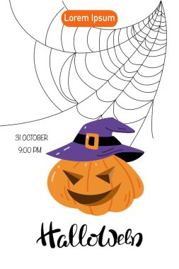 Cadılar Bayramı parti posterin kutlu olsun. El yazısıyla yazılmış parlak bir şablon. Mutlu Cadılar Bayramı. Banner, cadılar bayramı davetiyesi. Vektör illüstrasyonu