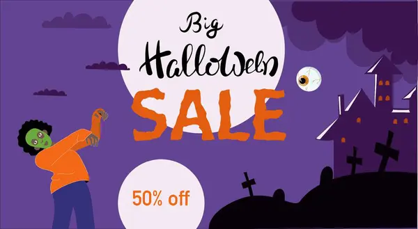 Cadılar Bayramı Tanıtım Posteri 'nde Cadılar Bayramı posterinde mor gökyüzü, dolunay, mezarlık gibi arka planda zombi kostümü giymiş bir çocuk vardı. Vektör illüstrasyonu 