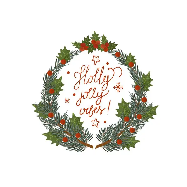 Noel çelengi süslenmiş kutsal böğürtlen. Holly neşeli titreşimli harf cümlesi. Noel ağacı dalları kırmızı ökseotu çiçekleriyle süslenir. Noel geleneksel vektör illüstrasyonu