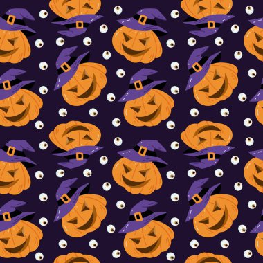 Cadılar Bayramı 'nda göz oyma ve cadı şapkası takıp gülümseyen balkabaklarının kusursuz deseni