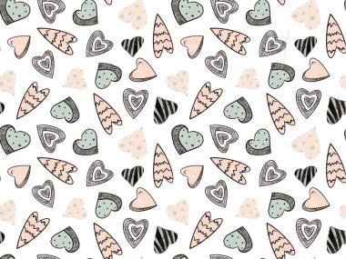 Farklı kalp şekilleri çizim tarzında kusursuz desenler gösterir. Sevgililer Gününüz kutlu olsun. Paket, tekstil, kumaş.