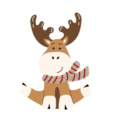 Beyaz arka planda izole edilmiş eşarplı komik bir Noel geyiği oturuyor.