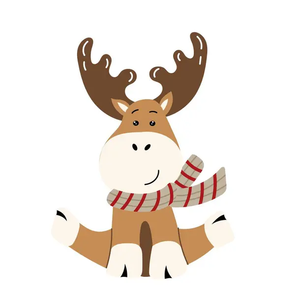 Beyaz arka planda izole edilmiş eşarplı komik bir Noel geyiği oturuyor.