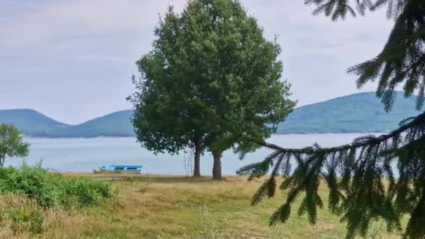 Bela Paisagem Torno Lago Plastira Karditsa Grécia Barco Está Vista — Vídeo de Stock