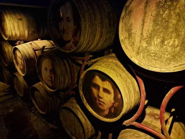 Old Cellar Illuminated Stacked Oak Barrels Winery Greece — Stock Photo, Image