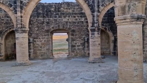 Uitzicht Gotische Kerk Saint Mamas Ruïnes Omgeving Het Verlaten Dorp — Stockvideo