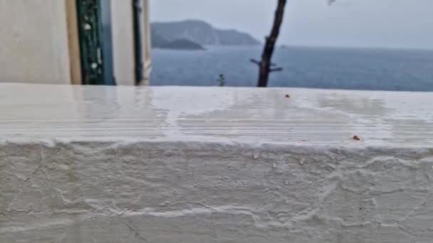 Pohled Kláštera Paleokastritsa Korfu Jónského Moře Deštivého Dne — Stock video