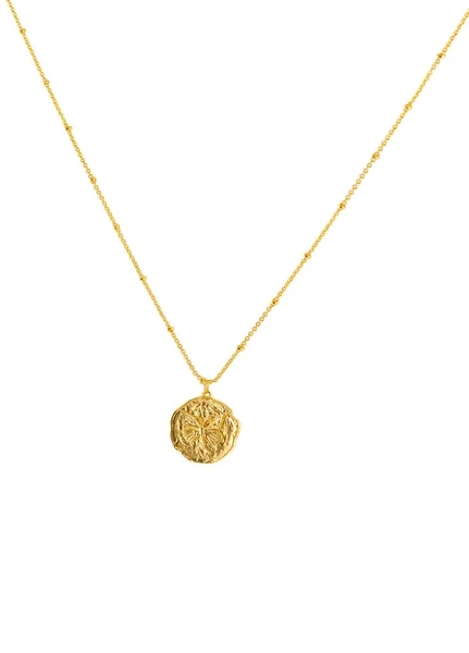 Elegant Colier Amuleta Fluture Auriu Fundal Alb Bijuterii Frumoase Pentru — Fotografie, imagine de stoc