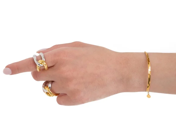 Γυναικείο Χέρι Χρυσό Βραχιόλι Snake Chain Και Σταυρωμένα Χρυσά Και — Φωτογραφία Αρχείου