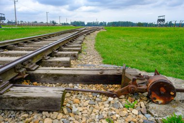 Demiryolunun aşağısındaki Auschwitz-Birkenau 'da, arka planda gözetleme kuleleri ve dikenli tellerle milyonlarca insanı ölüme götüren trenleri hatırlatan korkunç bir manzara..