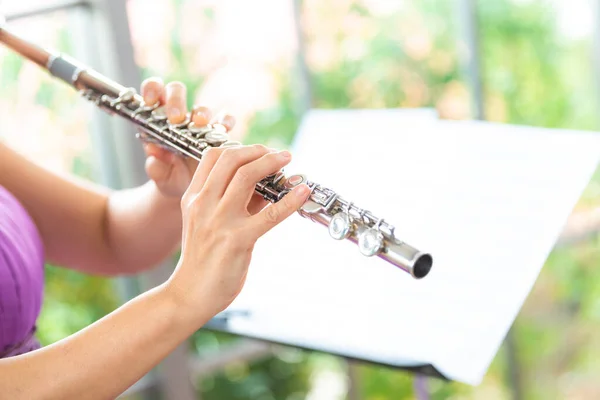 Flauta Close Mãos Músico Tocando Flauta Tiro Detalhes Música Clássica — Fotografia de Stock