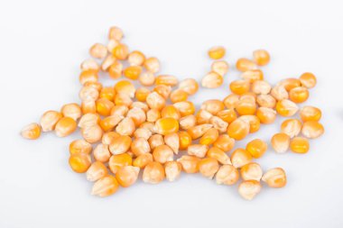corn kernels : Close-up of organic yellow corn seed, Dried corn kernels on white background, top view