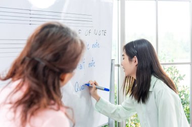 group of students studies in class with , her classmates while they listen to the teacher teaching at music school.