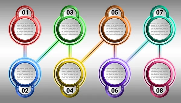 Tasarım elementlerini kullanan 8 adımlı daire tabanlı bir zaman çizelgesi. Düzen, iş akışı, akış çizelgeleri, şemalar ve iş başlangıcı süreçleri bir iş konsepti kullanılarak sunum şablonu olarak kullanılabilir.