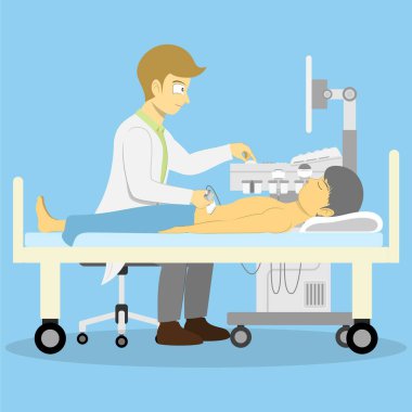 Doktor, yatakta yatan bir hastanın midesini incelemek için ultrason makinesi kullanıyor..