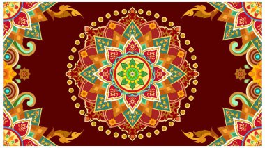 A vibrant mandala with intricate geometric and floral patterns in shades of red, orange, green, and yellow, set against a rich brown background. clipart