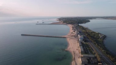 Aerial footage of Romanian travel destination at the Black Sea shore, town Eforie