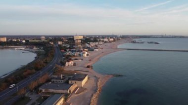 Aerial footage of Romanian travel destination at the Black Sea shore, town Eforie