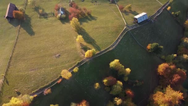 Autumn Rural Scene Romanian Traditional Village Transylvania Aerial Colorful Landscape — Vídeo de Stock