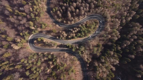 Aerial View Mountain Road Springtime Cars Driving Mountain Winding Road — Stock Video